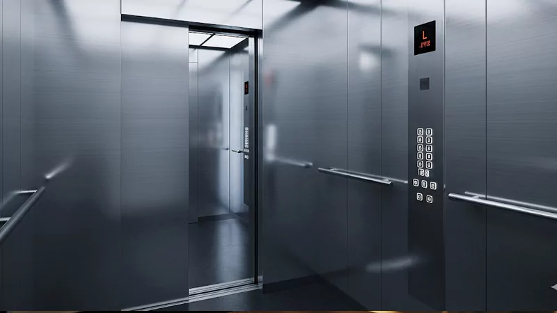 The brushed stainless steel finish of the elevator The-brushed-stainless-steel-finish-of-the-elevator