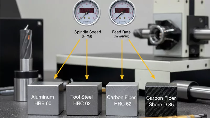 The type and hardness of the material affect the speed and feed rate